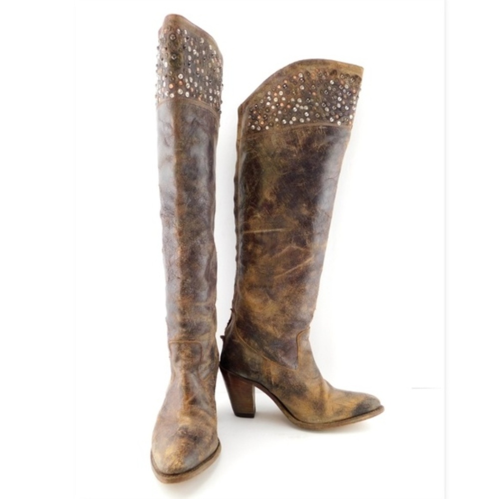 FRYE Studded Rustic Brown Leather Knee High Heeled Boots 6